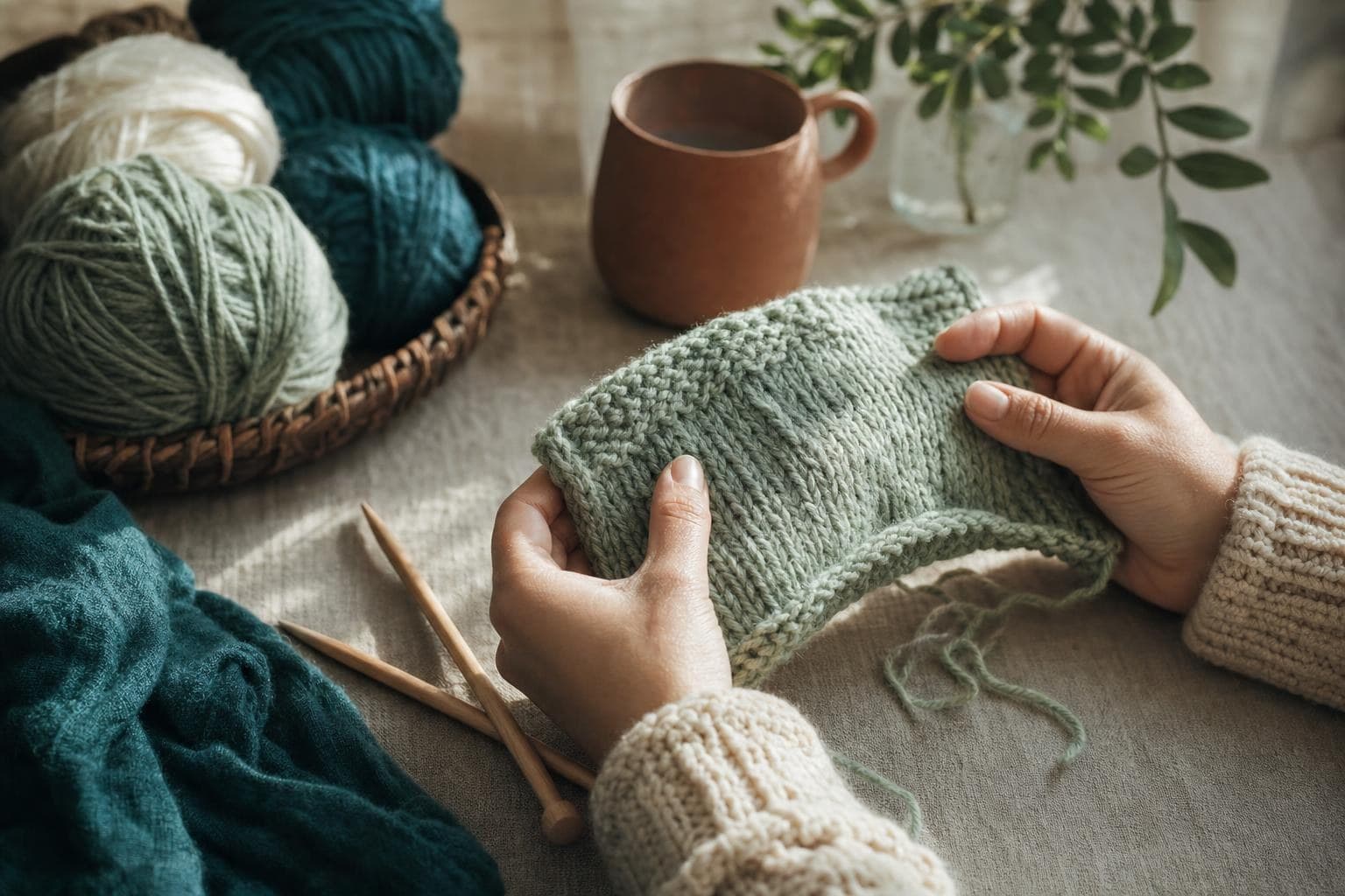 Hands holding a sage green knitted swatch beside yarn and wooden needles