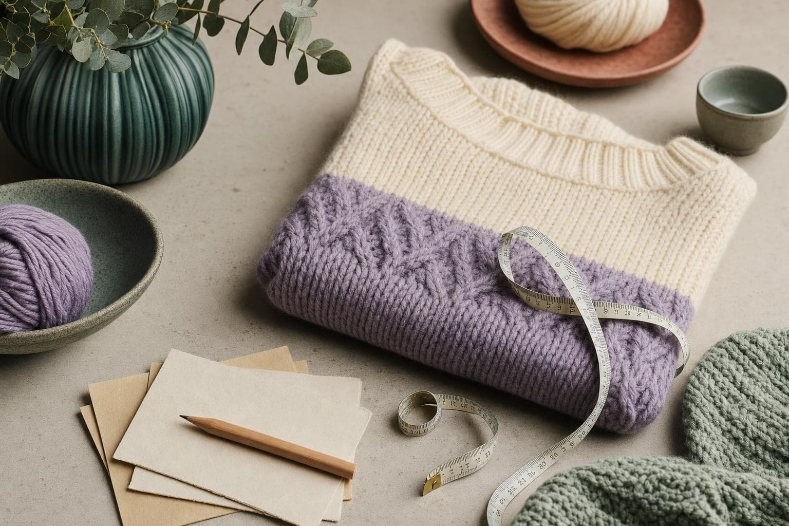 Cream and lavender knitted sweater with a measuring tape and project notes