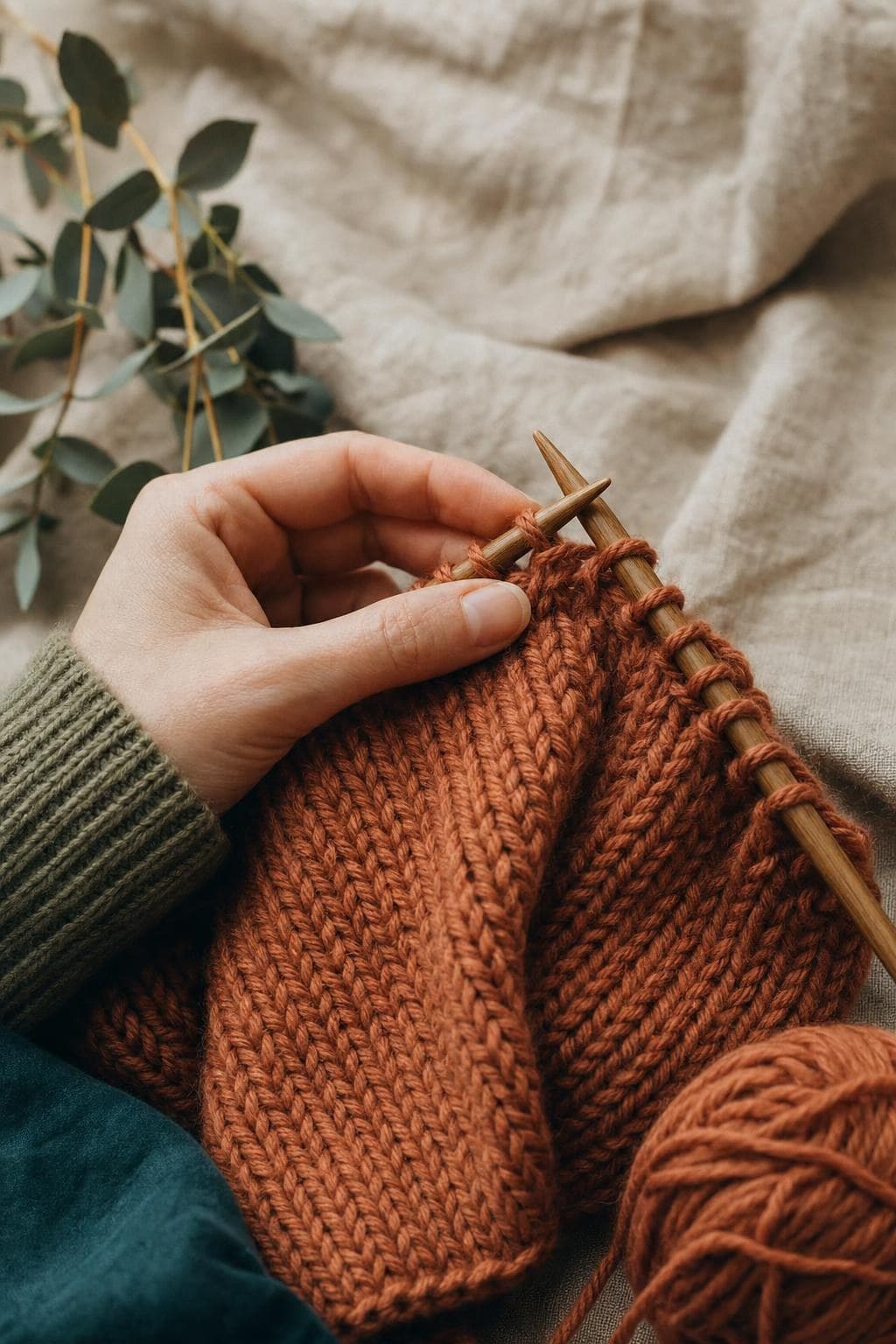 Hands working a terracotta knitting project with wooden needles