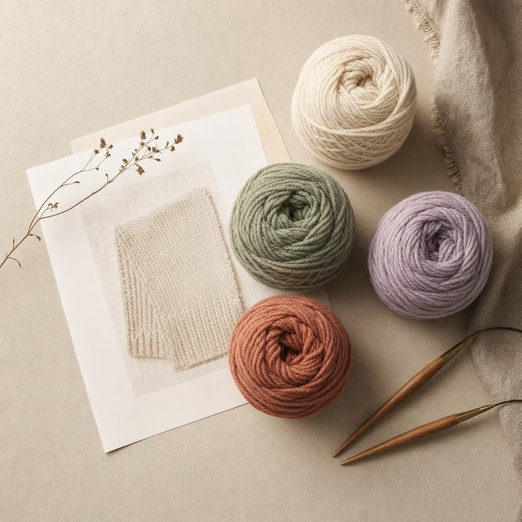 Cream, sage, lavender, and terracotta yarn arranged beside a simple project plan